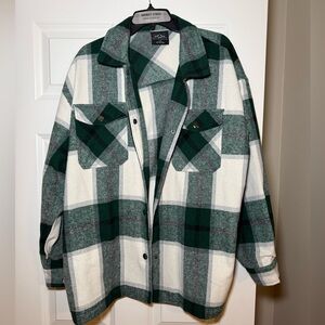 HFX Green and Cream Plaid Shirt Jacket Size Large